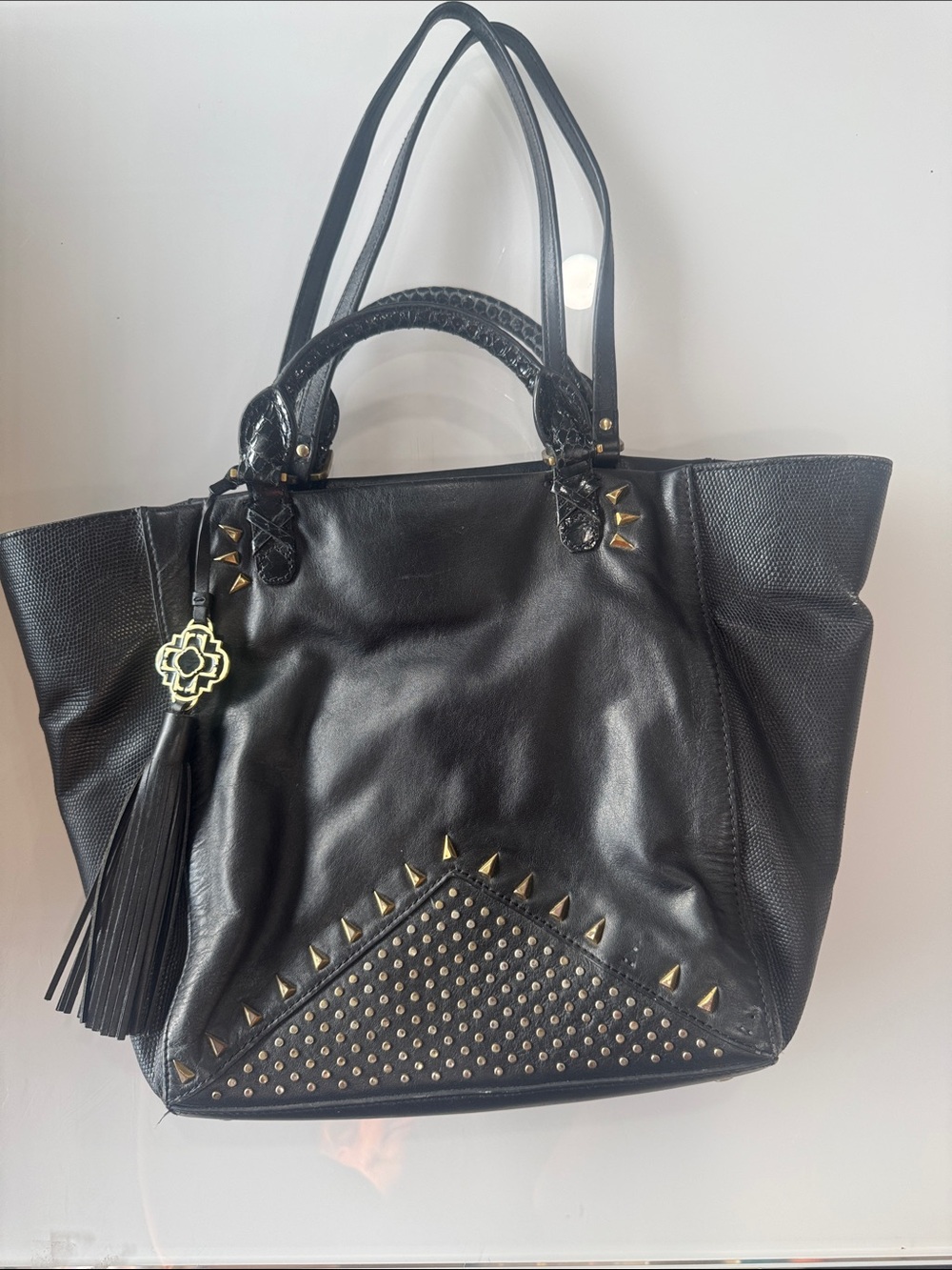 Rafe NYC Black Studded Leather Tote Bag with Tassel Charm